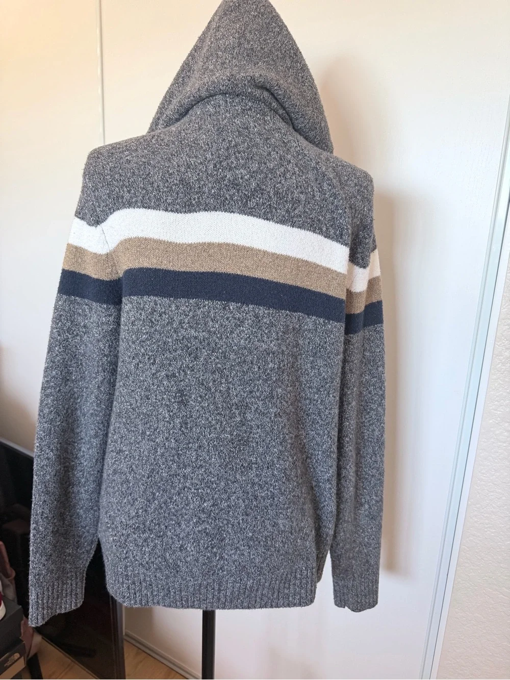Old Navy Gray Hooded Sweater with White, Tan & Navy Stripes